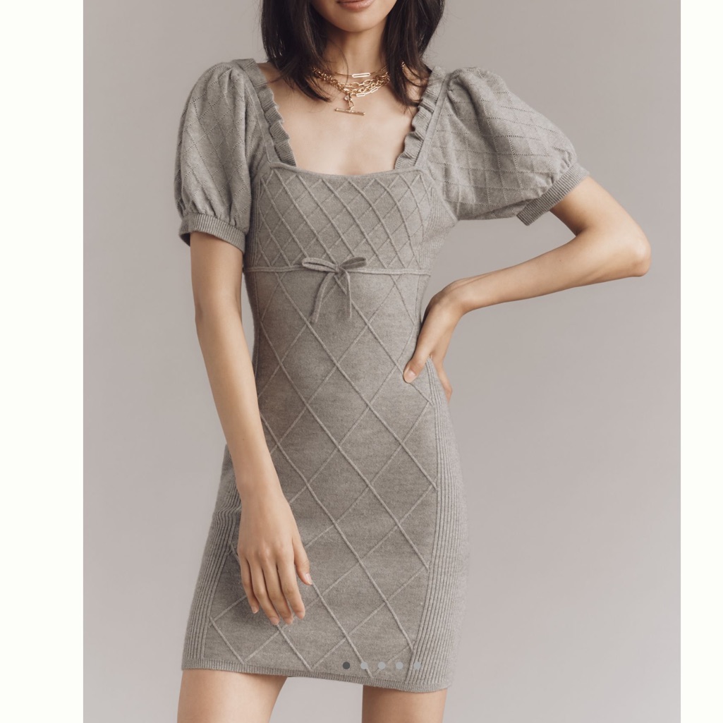 Anthroplogie Sweater Dress Puff Sleeve Short Sleeve Crosshatch Mini Dress Gray